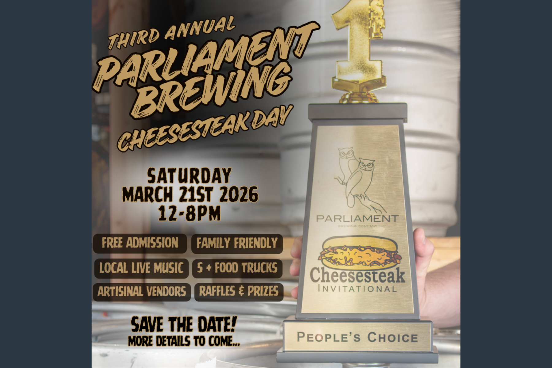 Promotional flyer for Parliament Brewing's Third Annual Cheesesteak Day event with a trophy graphic.