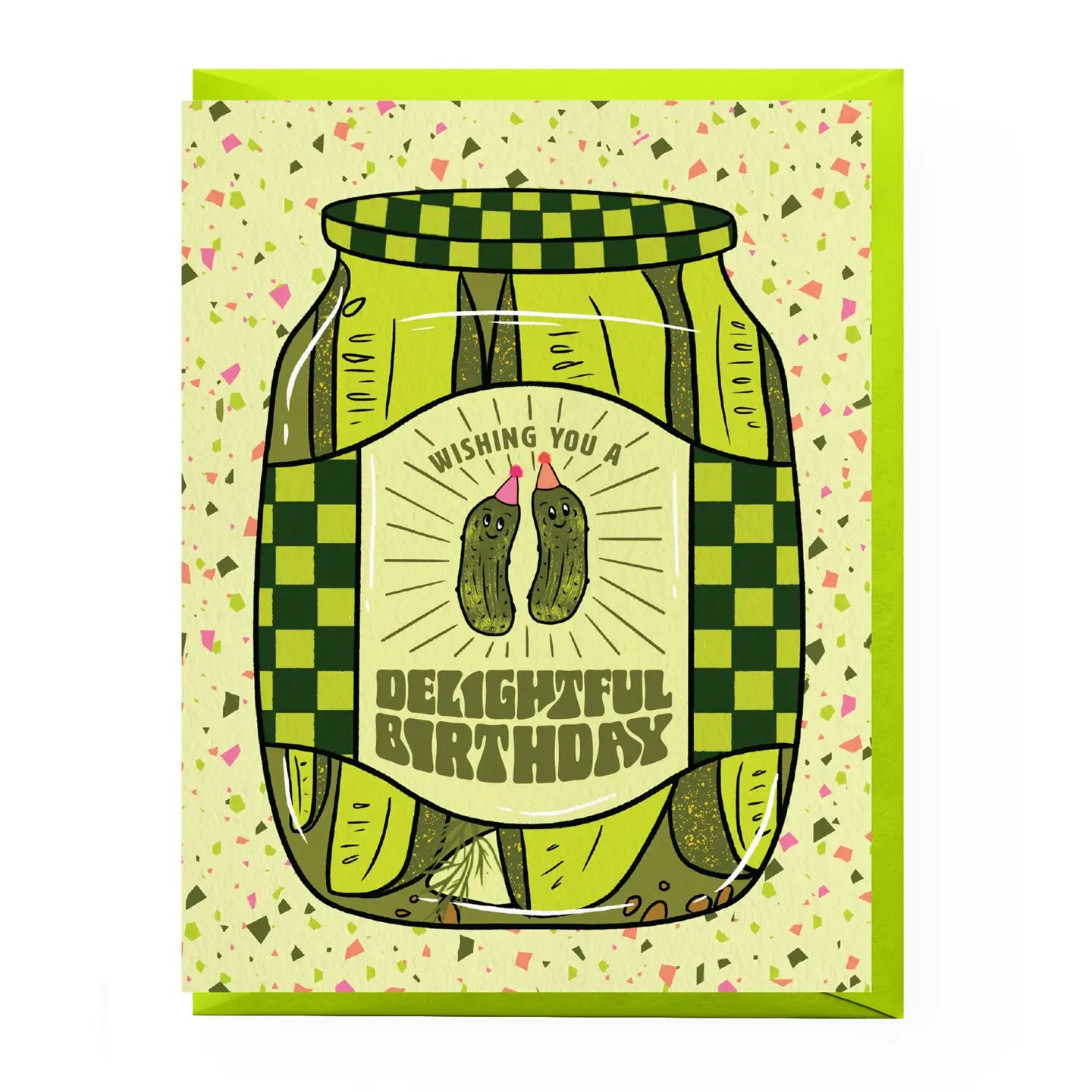Birthday card with pickle design and text on a checkered jar