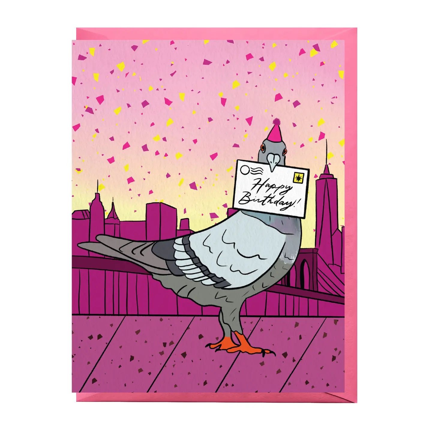 Greeting card with a pigeon holding a 'Happy Birthday!' card against a cityscape background.