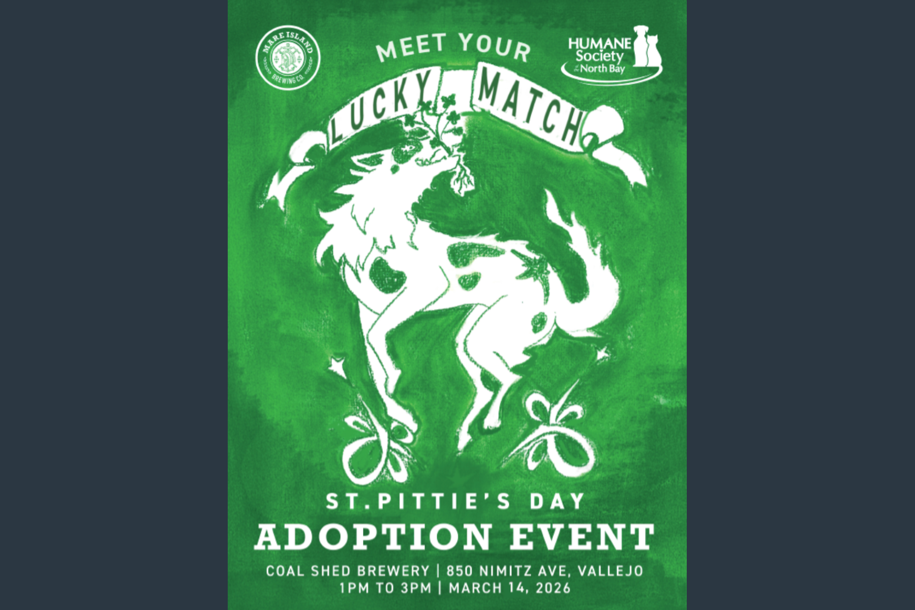 St. Patrick's Day adoption event poster with a dog graphic on a green background