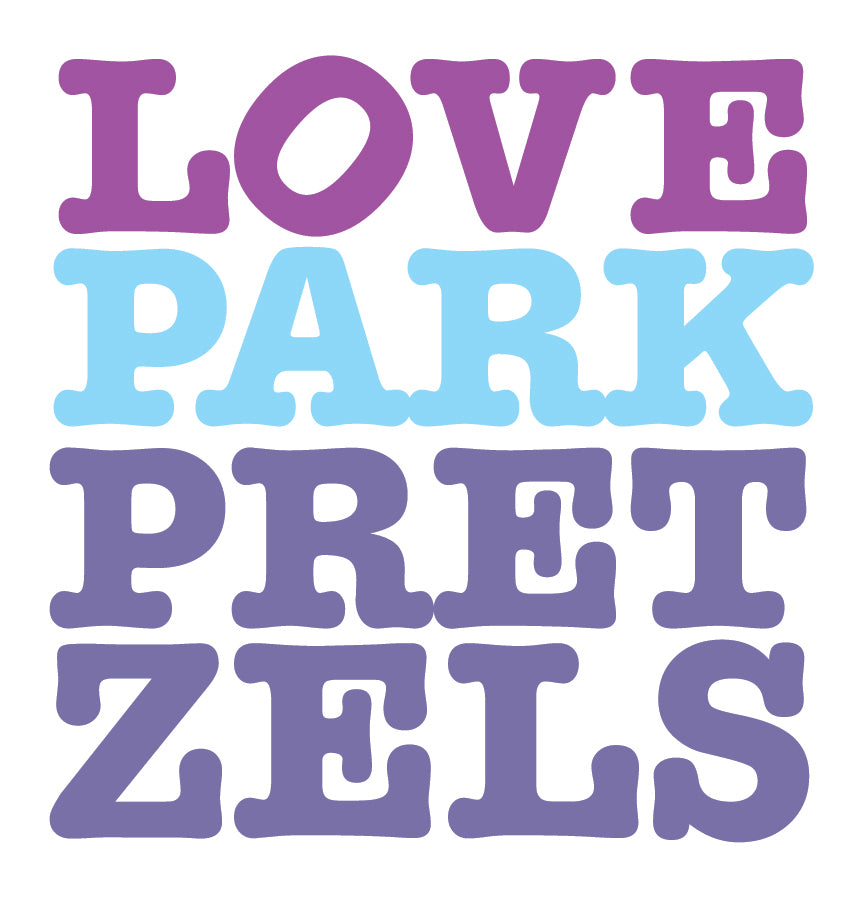 Text 'LOVE PARK PRETZELS' in purple and blue on a white background