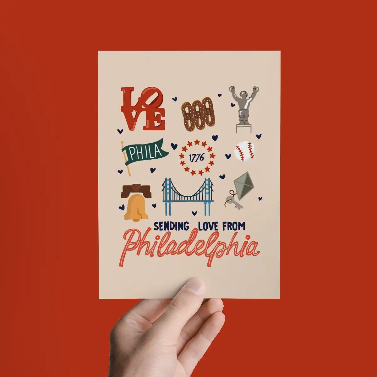 Philadelphia themed greeting card, pretzels, Ben Franklin, Rocky, LIbery Bell