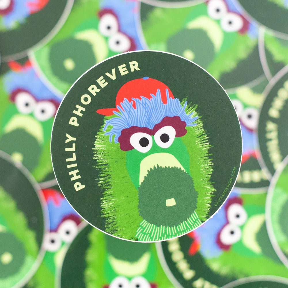 Circular sticker with a character wearing a red cap and colorful outfit, with 'PHILLY PHOREVER' text on a green background.