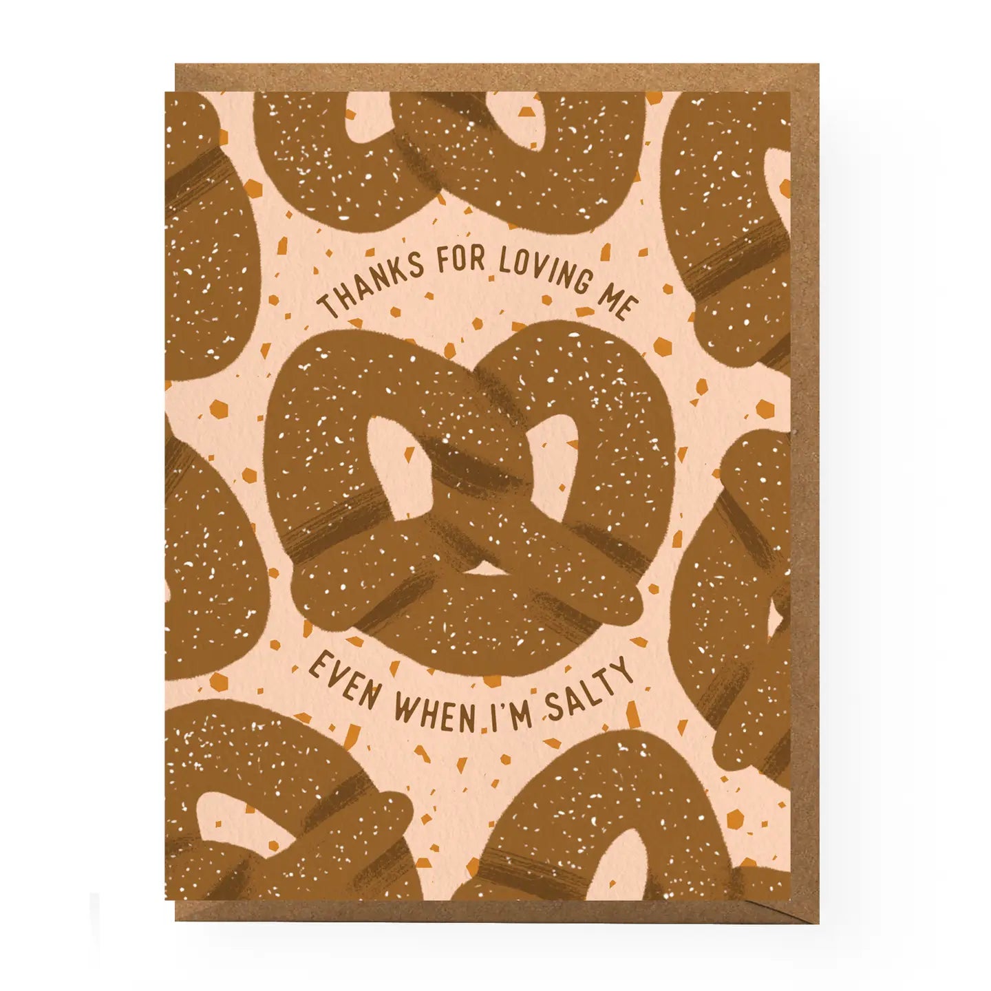 Card with pretzel pattern and text on a white background
