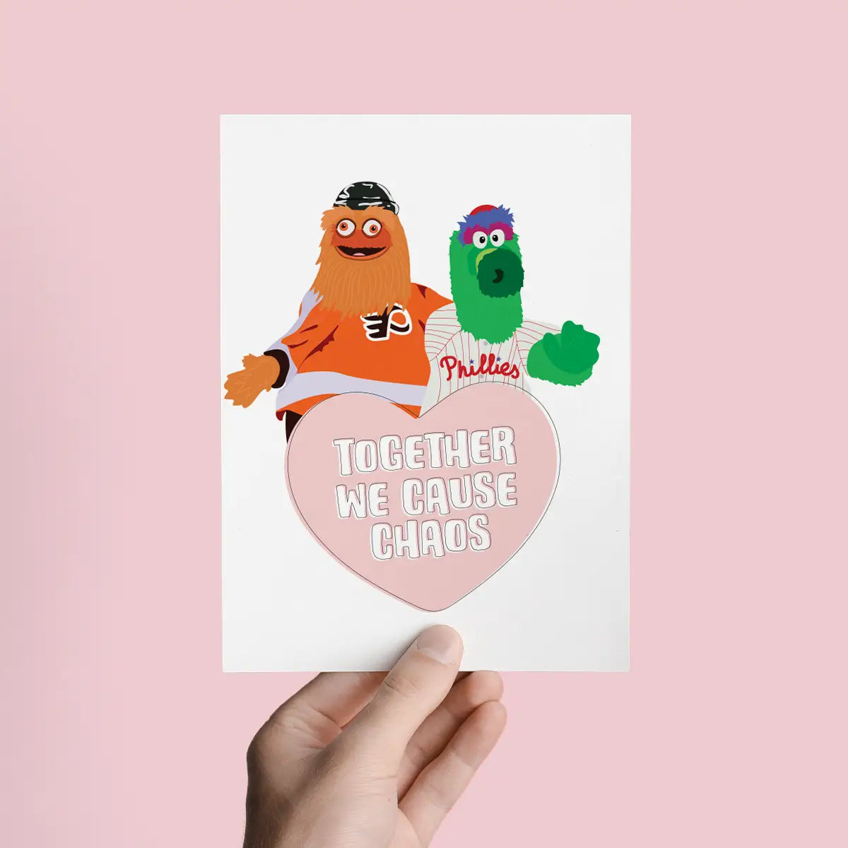 Greeting love card with Flyers Gritty mascot and the Philadelphia Phillies, Phillie Phanatic mascot