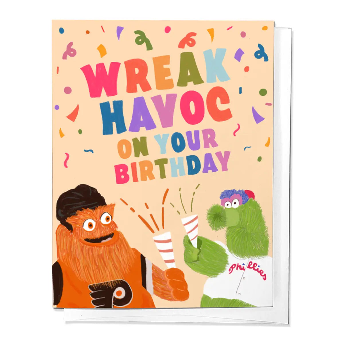 Birthday card with Flyers Gritty mascot and the Philadelphia Phillies, Phillie Phanatic mascot