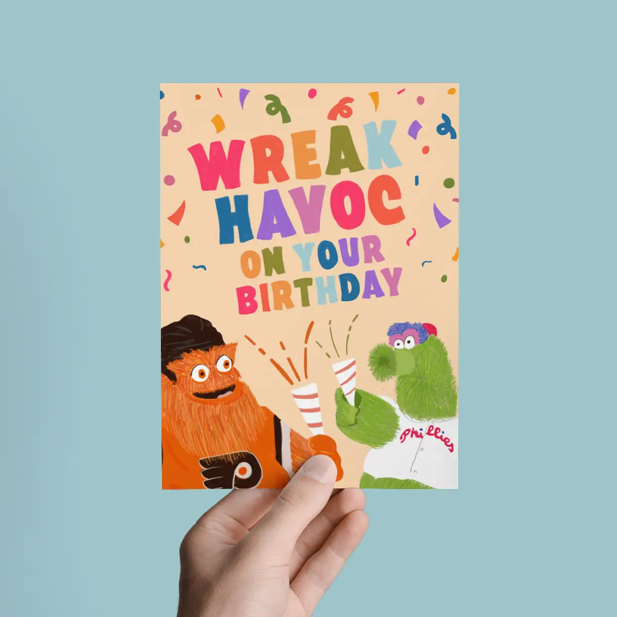 Birthday card with Flyers Gritty mascot and the Philadelphia Phillies, Phillie Phanatic mascot