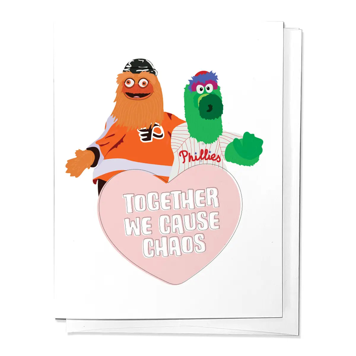 Greeting love card with Flyers Gritty mascot and the Philadelphia Phillies, Phillie Phanatic mascot