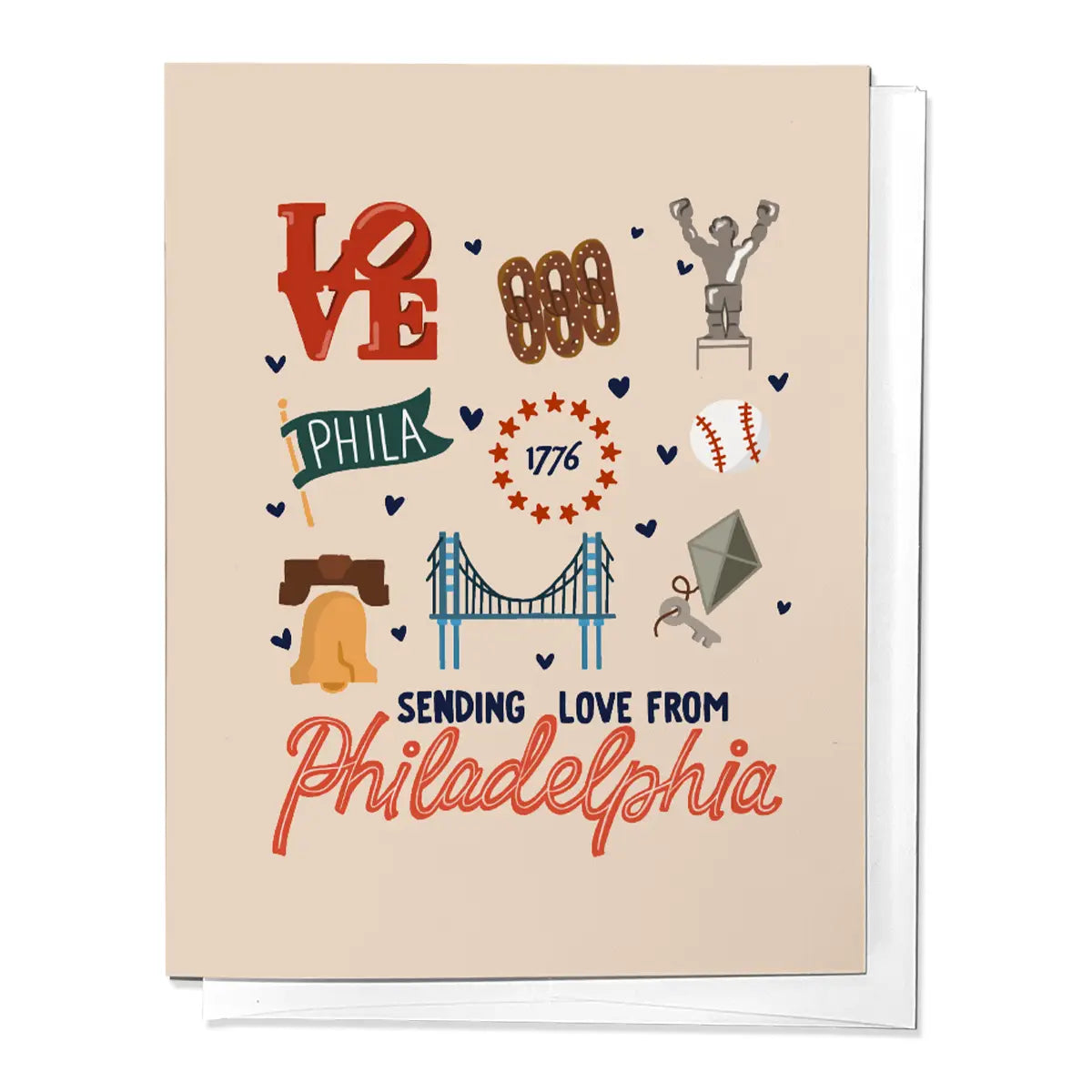 Philadelphia themed greeting card, pretzels, Ben Franklin, Rocky, LIbery Bell