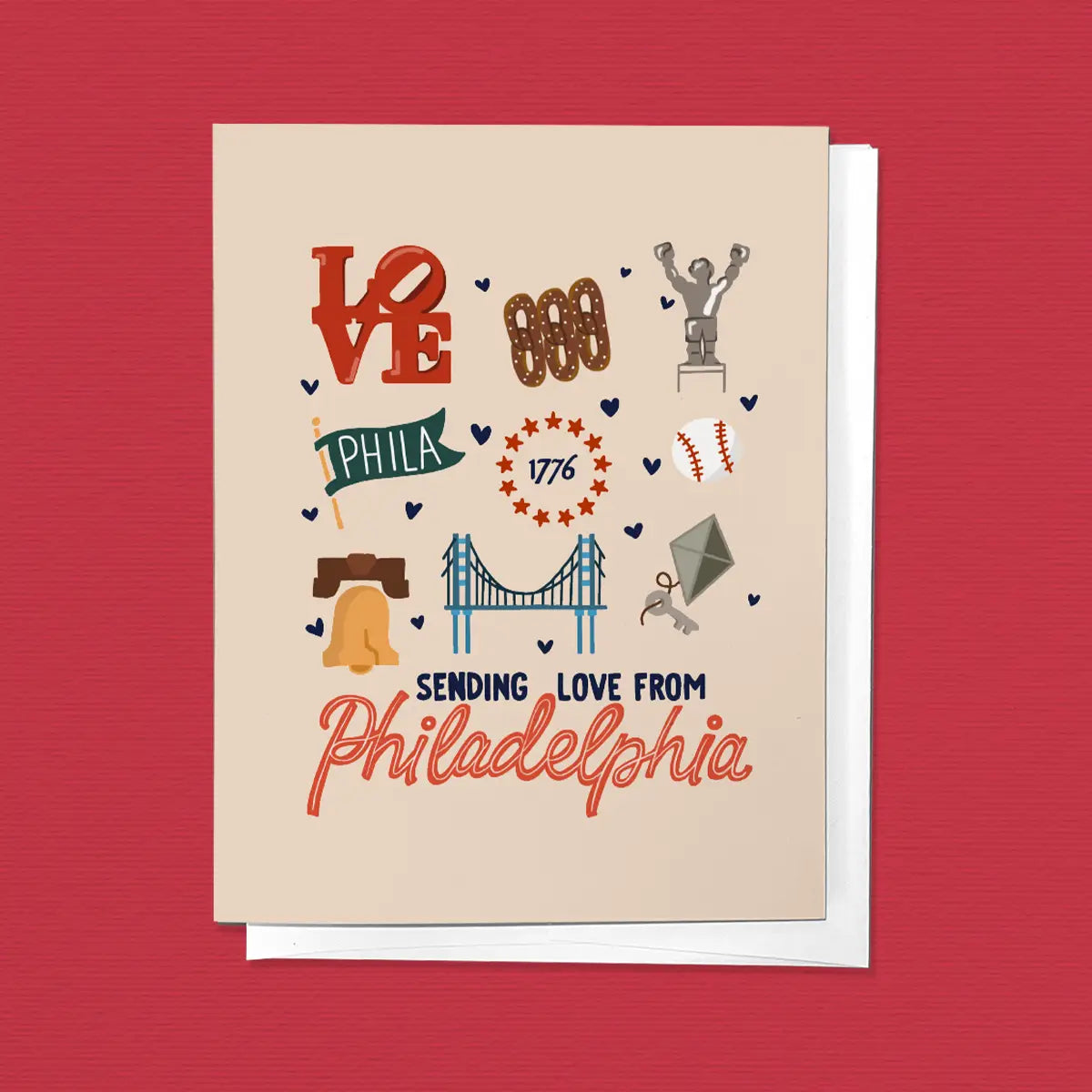 Philadelphia themed greeting card, pretzels, Ben Franklin, Rocky, LIbery Bell
