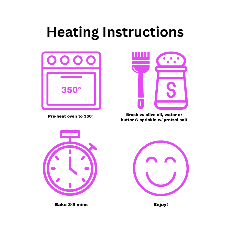 Heating instructions with icons for oven, brush, salt, timer, and smiley face on a white background.