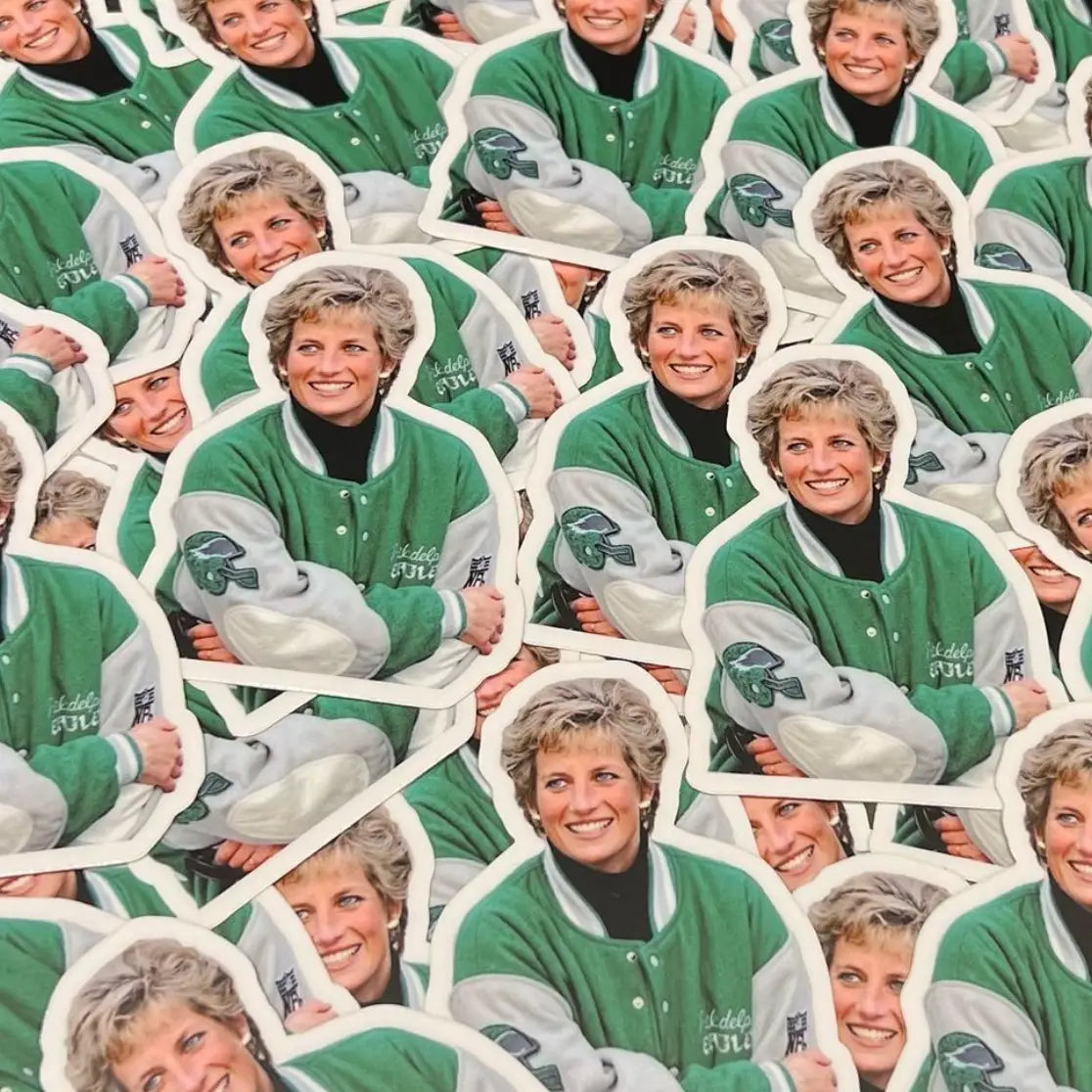 Stickers with a person wearing a green jacket with a logo, arranged in a grid pattern.